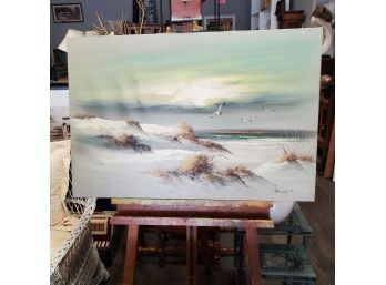 Scenic Ocean Dunes & Gulls Oil Painting On Canvas Artist Signed By Remington