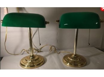 Vintage Pair Of Desk/ Library Reading Lamps With Green Glass Shades, On Gilted Stands