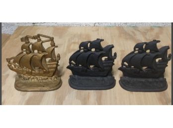 Age Of Sail Warship Bookends Or Doorstops Of Cast Iron, 3 Pc Set