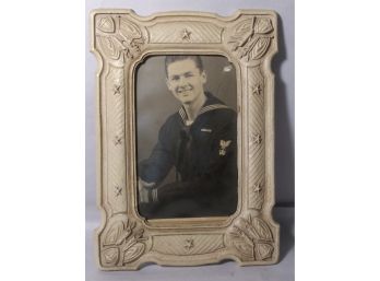 Vintage Picture Portrait Of A Young US Sailor, In Military Themed Cream-colored Frame