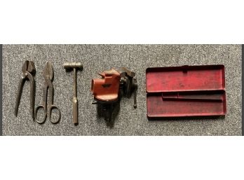 Lot Of Antique Tools: Vice, Hammer, Scissors, Pliers, Metal Box