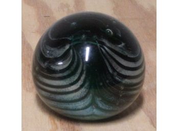 Green Glass Paperweight With Blue-white Pattern Worked Into The Hand-worked Shaping