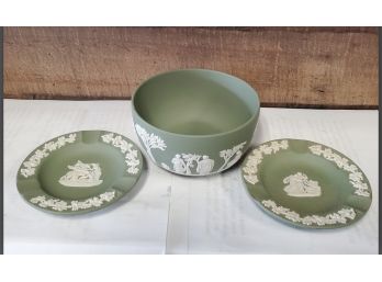 Three Vintage Pieces Of Lovely Cream On Celadon Cameo Jasperware By Wedgwood, England