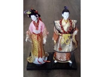 Pair Of Asian Chinese Figurines Dolls Fully Dressed With Traditional Garb