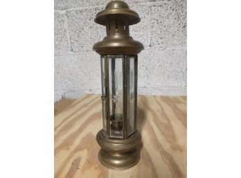 Brass & Glass Hurricane Candle Lantern - Hexagonal Carved Glass Paneling, With Door