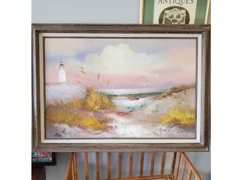 Relaxing Views-  Framed Oil Painting On Canvas Signed By Karl Neumann Of The Ocean Shore & Birds