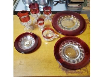 Vintage Lot Of 13 Pieces Of Ruby Flash Glass Ware. Thumb Press Pattern. Ca 1960 Bradlees Store Bags & Stickers