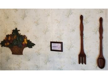 Kitchen Wall Art - Fruit Basket, Framed Special Neighbors / Special Friends & Giant Salad Fork & Spoon!