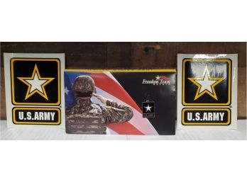 U.S. ARMY Freedom Team Salute - U.S. ARMY Pinback Pin & 2 Decal Stickers In Presentation Folder