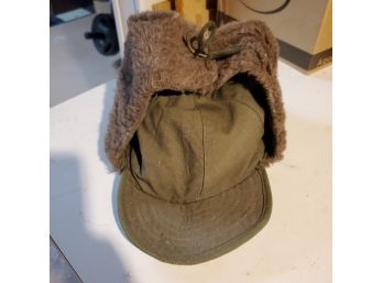 1950s Army Winter Hat With Wool Ear Flaps & Lace Ties