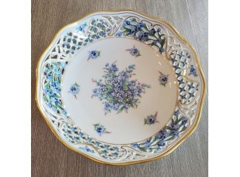 Lovely Pierced Lattice Bowl With Blue Forget Me Nots & Gold Gilded Accents. Made In Germany.