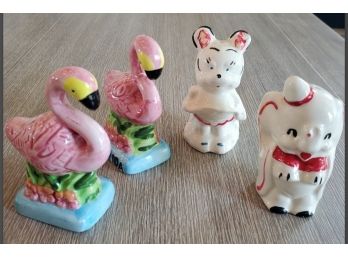 Vintage Salt & Pepper Shakers- Florida Fkamingos / Minnie Mouse & Dumbo With Repairs