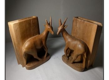 Vintage Handcarved Wooden Ibex Bookend Pair