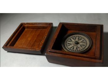 Vintage Spencer & Co Magnetic Compass In Richly Stained Wooden Frame Case