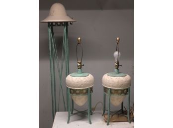 Unique Substantial Pottery Studio Light Fixture Set, Lovely Earth Tones-  Tan & Teal Standing Post And 2 Lamps