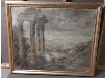 Vintage Painting With Mediterranean Scene, Classical Ruins And Traveler With Donkey, Gilded Frame, Expansive