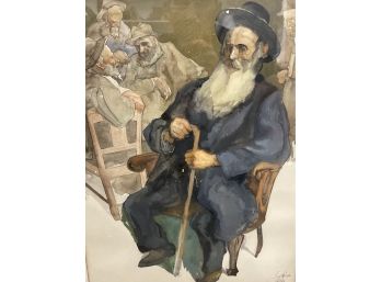 Original Signed Watercolor Of A Seated Rabi With Cane And Friends -hand Signed By Saul Raskin