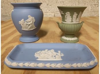 Vintage Wedgwood Jasperware Cream Color Lavender ( Pale Blue) Tray & Vase Plus A Celadon (Jade Green) Vase