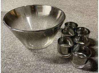 Antique Chromed Glass Punch Bowl And Glasses