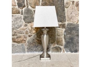 Brushed Chrome Finish Table Lamp With A Textured Linen Box Shade