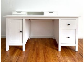 White Laminate And Wood Double Pedestal Desk With Shelf And Storage Options