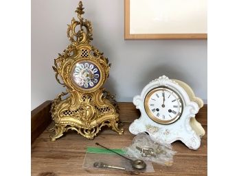 Pair Of Vintage Decorative Table Clocks Gold Gilt Iron And Painted Porcelain