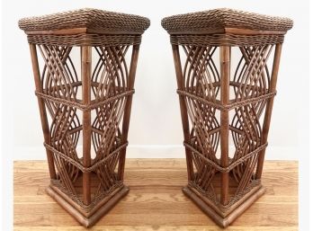 Pair Of Brown Narrow Podium Style Rattan Side Tables