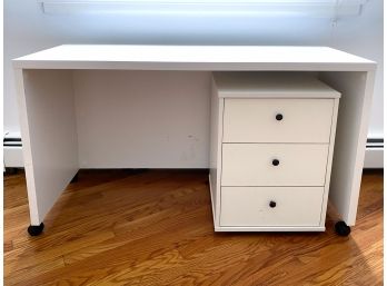 White Laminate Rolling Desk With File Cabinet