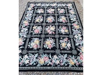 6x12 Needle Point Black Rug With Flower Print