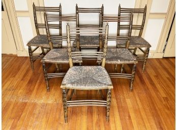 A Set Of 6 19th Century Rush Seat Ladder Back Hand Painted Chairs