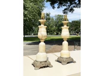 A Pair Of Antique Alabaster And Metal Lamps