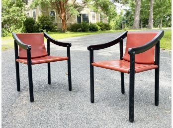 A Pair Of Vintage Italian Export Lacquer And Leather Arm Chairs By Cassina For Atelier International