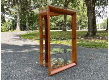 A Vintage Modern Hard Wood Stereo Cabinet With Glass Shelves