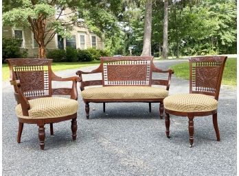 A 19th Century Stick And Ball Oak Loveseat And Matching Parlor Chair Set In Shaved Velvet