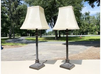 A Pair Of Bronze Tone Columnar Accent Lamps