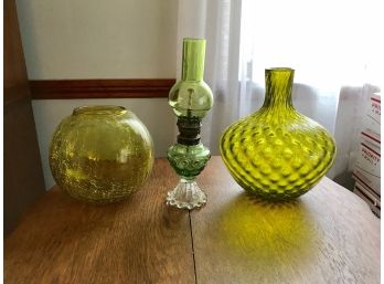 Three Piece Green Glass Lot ~ Crackle Glass, Hurricane Lamp & Handblown Vase