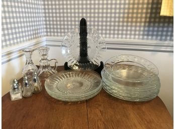 22 Piece Crystal Lot Includes Luncheon Plates, Salt & Pepper, Candlestick, Etched Vase