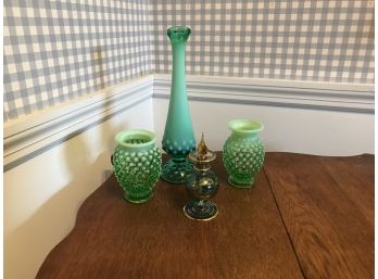 Fenton Green Glass Lot ~ Four Pieces ~ Hobnail, Perfume Bottle & Vase