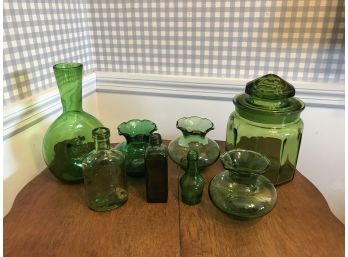 Eight Piece Green Glass Lot