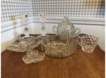 Eight Piece Crystal Lot ~ Candlesticks, Pitcher & More