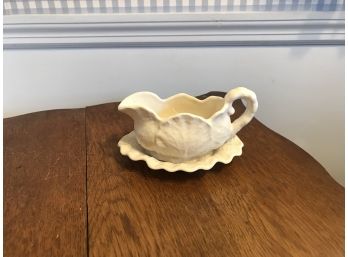 Ironstone Sauce Pitcher With Underplate - Ribbed Leaf Pattern