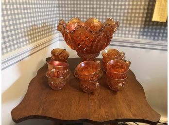 Northwood Carnival Glass Marigold Punch Bowl With 11 Cups