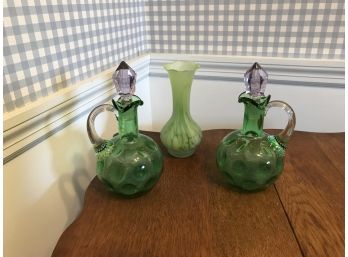 Two Vintage Fenton Green Inverted Thumbprint Cruets & Green Satin Vase