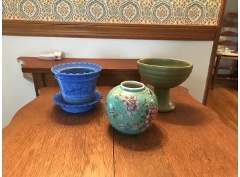 Three Piece Lot Of Porcelain Ware - Japanese Vase, Blue Slag  Glass And McCoy Floraline Planter