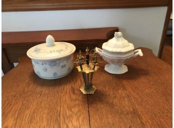 Three Piece Lot - English Covered Box, Chadwick Covered Bowl, Metal Cocktail Skewers