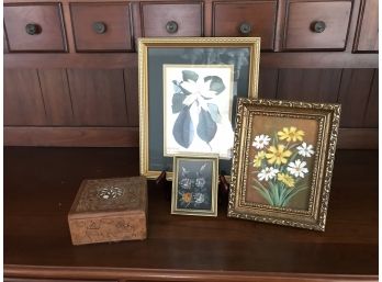 Trio Of Floral Pictures And Wooden Box