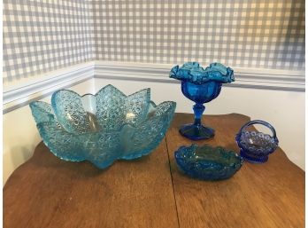 Four Piece Blue Glass Lot Includes Octagon Scalloped Edge Buttons & Bows Dish