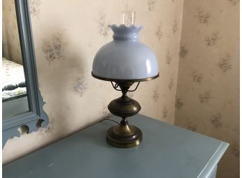 Vintage Brass Lamp With Blue Glass Shade