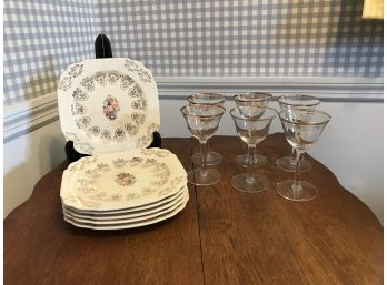 Six Gold Painted Plates & Six Gold Rimmed Cordial Glasses