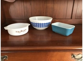 Three Vintage Glass Pieces ~ Pyrex Blue Polka Dot Bowl, Blue Box & Dynaware Casserole ~
